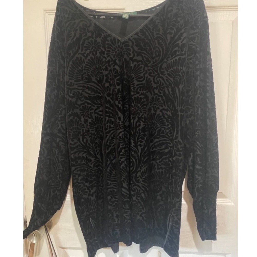 #181 Black Womens Lauren Ralph Lauren Burnout Velvet V-Neck Tunic Top